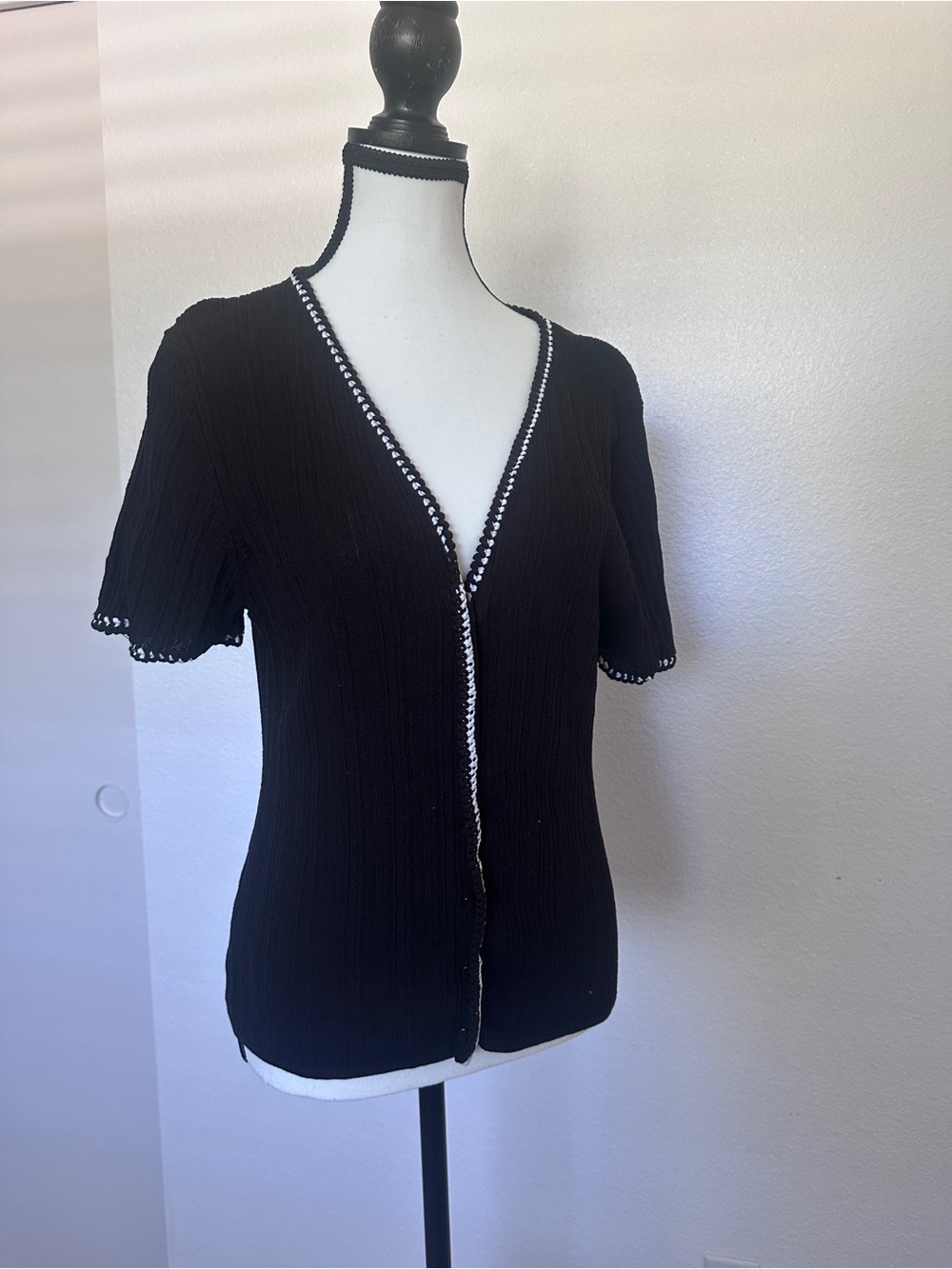 WHBM Black Short-Sleeve V-Neck Button Shirt
